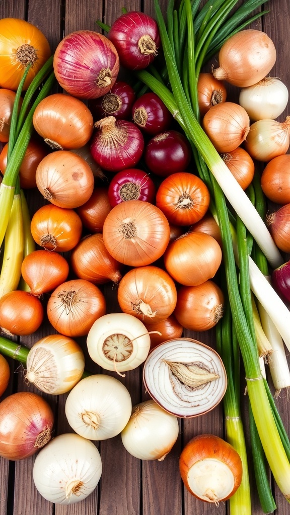 A variety of fresh onions including yellow, red, white, and green onions on a wooden table.